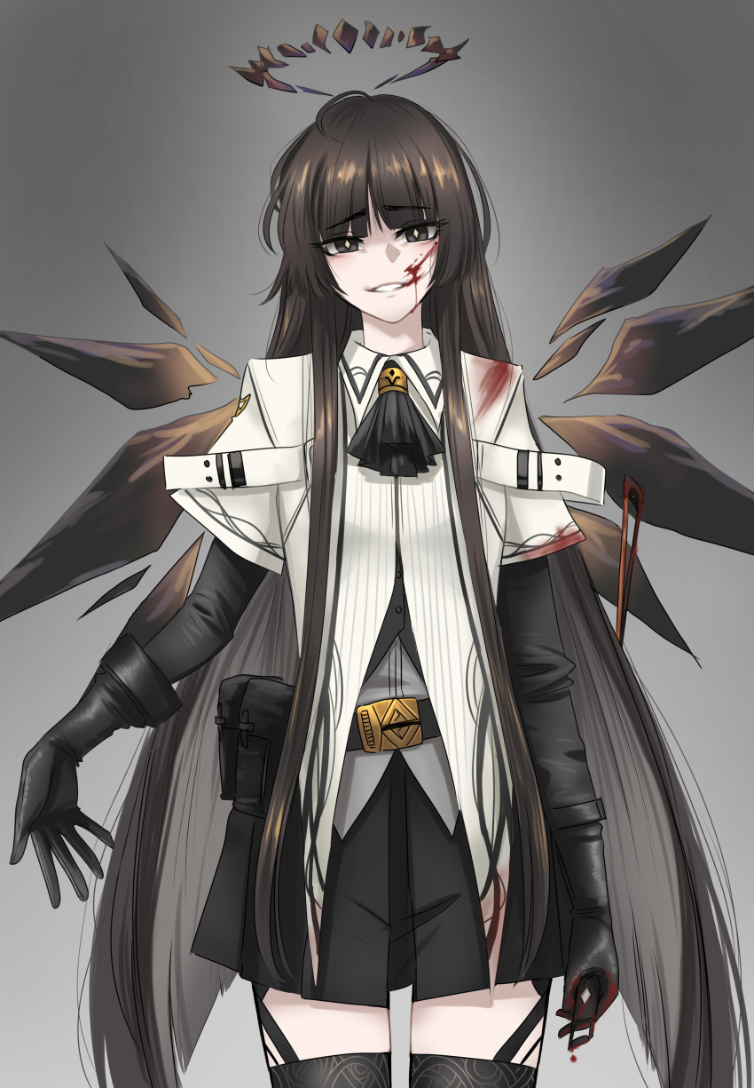 1girl, absurdres, ahoge, arknights, ascot, belt, belt_buckle, belt_pouch