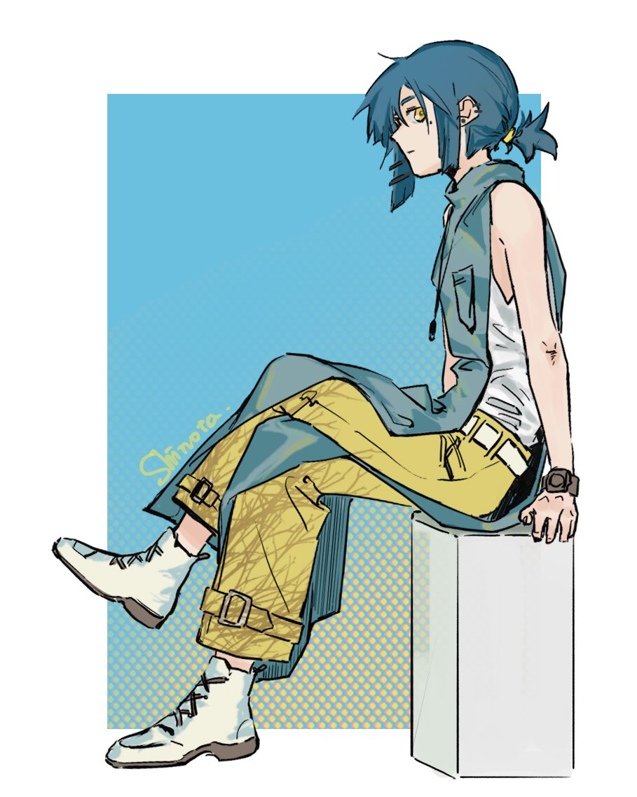 1girl, artist_name, belt, blue_background, blue_hair, bocchi_the_rock!, border, from_side
