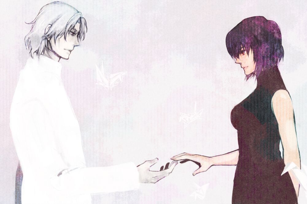 1boy, 1girl, ghost_in_the_shell, kusanagi_motoko, kuze_hideo, long_sleeves, origami, paper_crane, profile, purple_hair, short_hair, sleeveless, ss0813, turtleneck, upper_body, white_background, white_hair