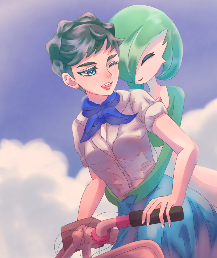 2girls, absurdres, aimizindesse, bicycle, blue_eyes, blue_skirt, blue_sky, braid, brown_hair, closed_eyes, clouds, colored_skin, diantha_(pokemon), gardevoir, green_hair, highres, multicolored_skin, multiple_girls, one_eye_closed, pokemon, pokemon_xy, riding, riding_bicycle, skirt, sky, smile, two-tone_skin, white_skin