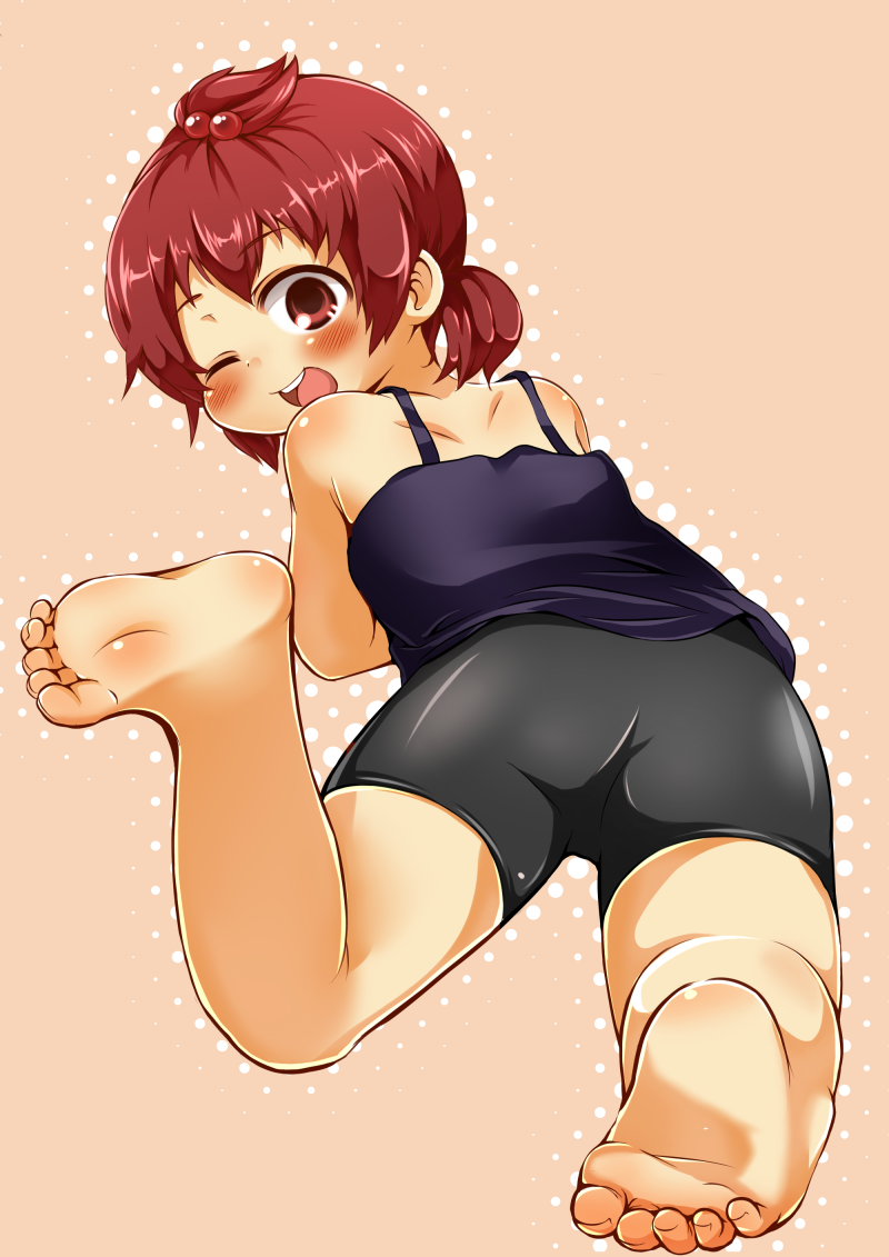 barefoot, bike_shorts, feet, foreshortening, hair_bobbles, hair_ornament, marui_futaba, mitsudomoe, red_eyes, red_hair, redhead, rihhi, short_hair, soles, tank_top, toes, tri_tails, wink