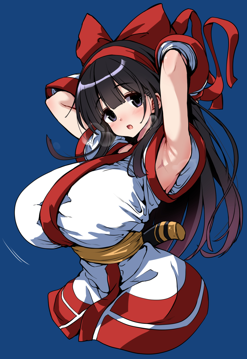 1girl, armpits, arms_behind_back, bare_shoulders, black_hair, blue_background, blue_eyes, breasts, cowboy_shot, eyebrows, eyebrows_visible_through_hair, highres, hirowa_nagi, huge_breasts, japanese_clothes, kimono, long_hair, looking_at_viewer, nakoruru, open_mouth, red_ribbon, ribbon, samurai_spirits, simple_background, solo, tongue, white_kimono