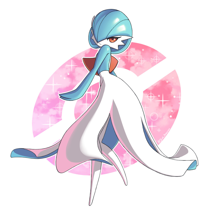 absurdres, alternate_color, blue_hair, bob_cut, colored_skin, dress, gardevoir, hair_over_one_eye, highres, just_dreamo, looking_at_viewer, multicolored_skin, pink_eyes, poke_ball_symbol, pokemon, pokemon_(creature), shiny_pokemon, sparkle, two-tone_skin, white_dress, white_skin