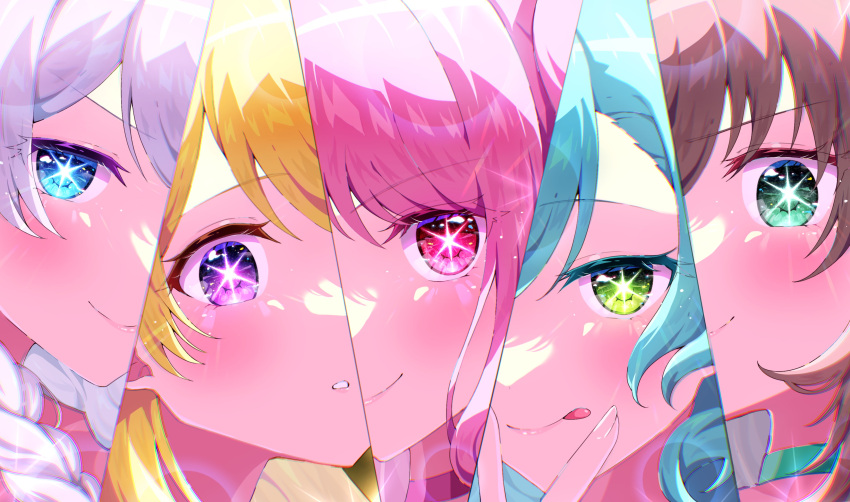5girls, absurdres, aqua_hair, bang_dream!, blonde_hair, blue_eyes, blush, brown_hair