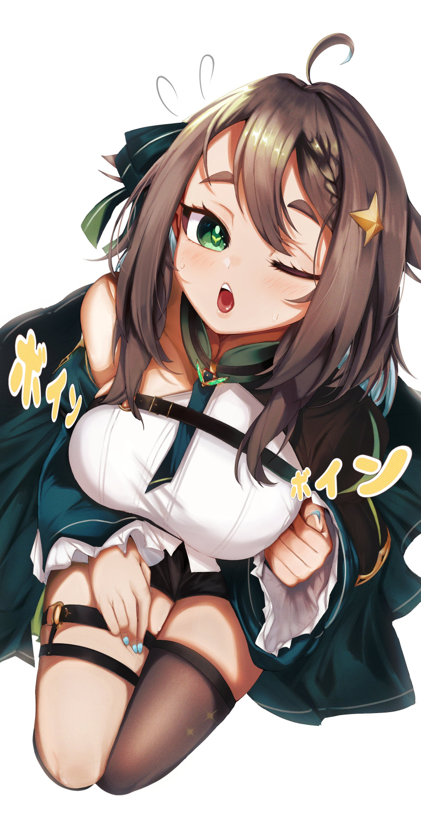 1girl, :o, absurdres, ahoge, belt_buckle, black_capelet, blue_hair, blue_nails