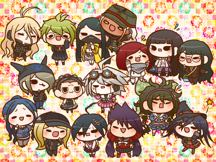 >_o, 6+boys, 6+girls, :3, adjusting_eyewear, ahoge, akamatsu_kaede, amami_rantaro