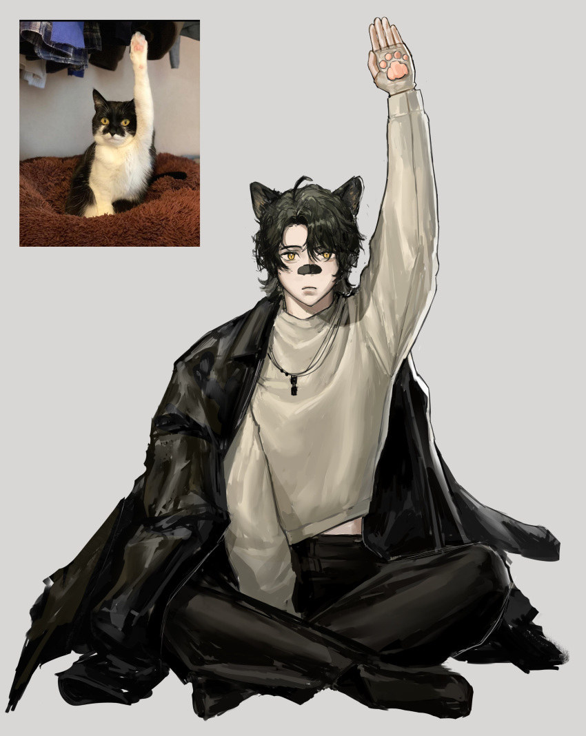1boy, absurdres, ahoge, animal, animal_ears, arm_up, bandaid, bandaid_on_face, bandaid_on_nose, between_legs, black_coat, black_footwear, black_hair, cat, cat_boy, cat_ears, closed_mouth, coat, coat_on_shoulders, collared_coat, crossed_legs, daikonologist, english_commentary, fingerless_gloves, gloves, grey_background, hand_between_legs, highres, indian_style, jewelry, long_sleeves, looking_at_viewer, male_focus, midriff_peek, necklace, original, paw_print_palms, personification, reference_inset, short_hair, simple_background, sitting, slit_pupils, sweater, white_gloves, white_sweater, yellow_eyes