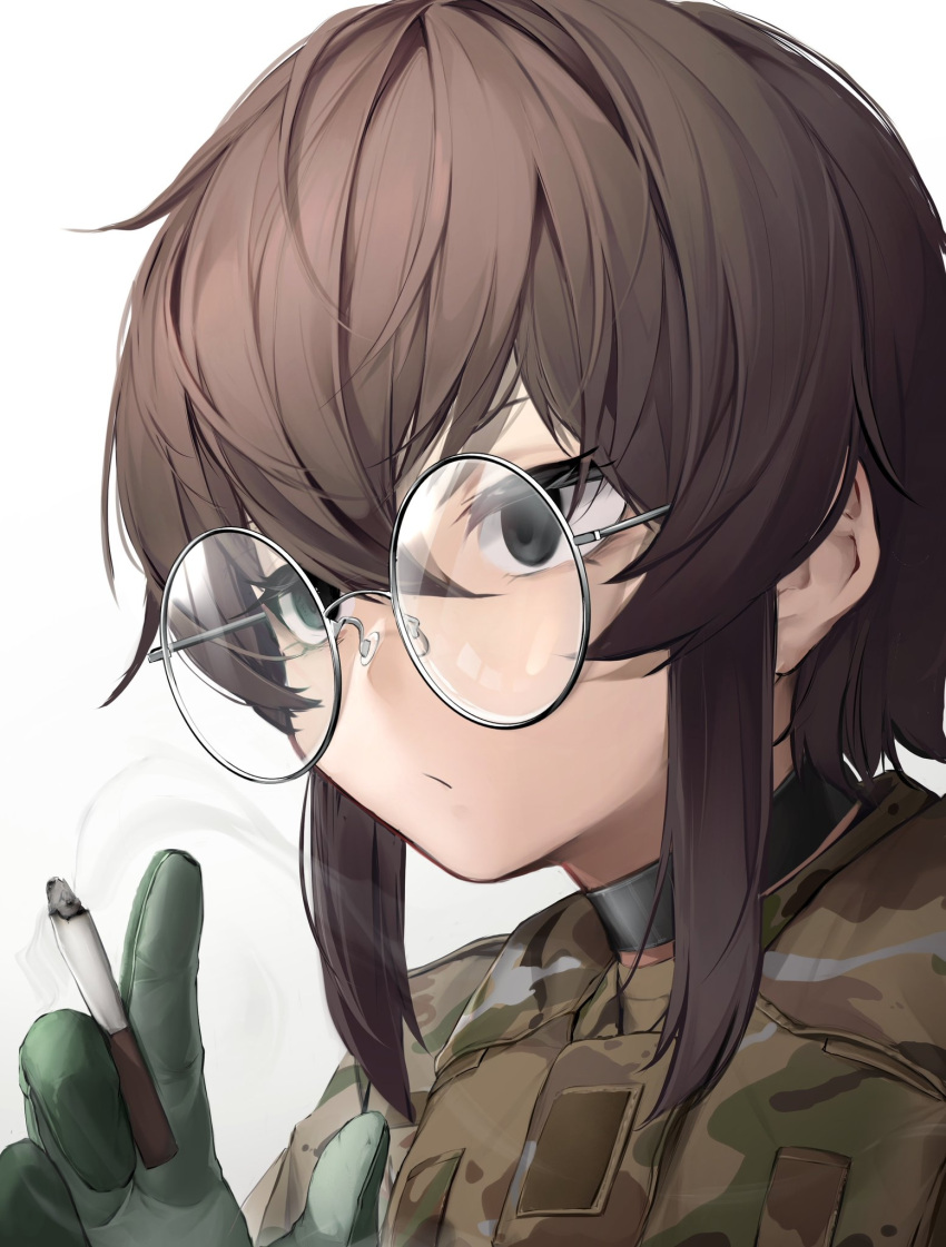 1girl, black_eyes, brown_gloves, brown_hair, camouflage, camouflage_shirt, cigarette, expressionless