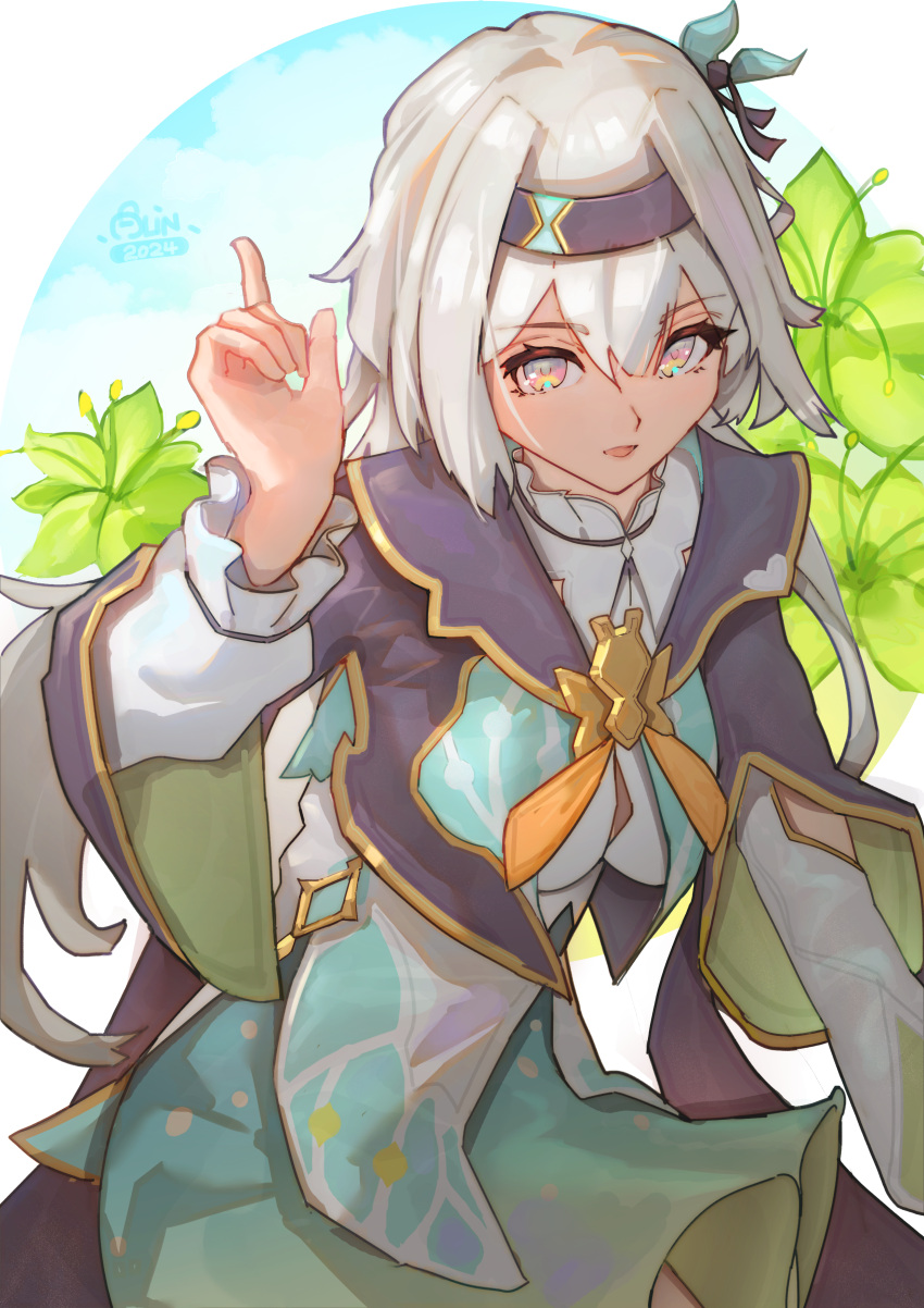 1girl, :d, absurdres, applelin, aqua_skirt, black_hairband, black_jacket, commentary