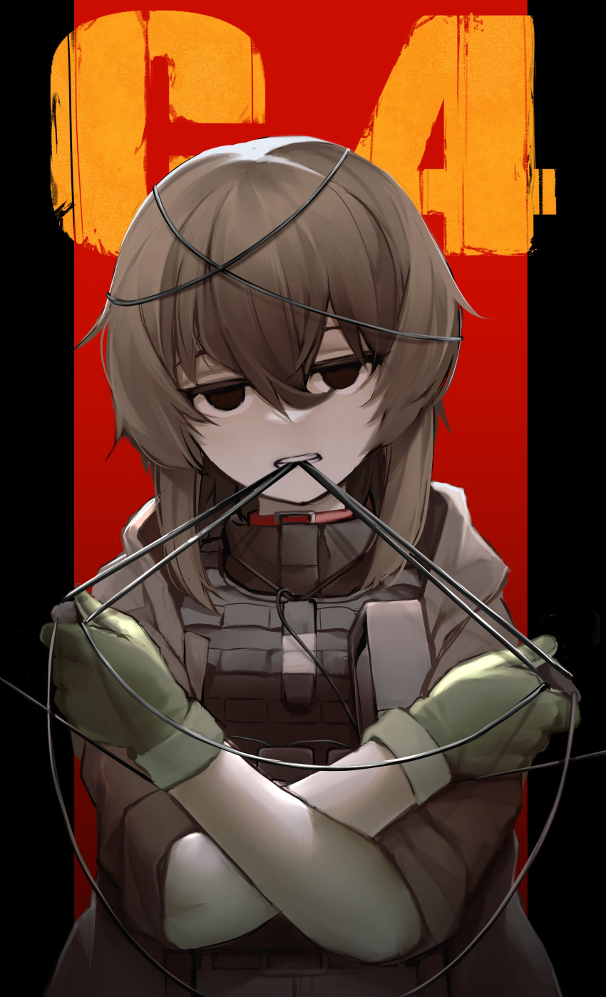 1girl, absurdres, biting, black_eyes, brown_gloves, brown_hair, brown_shirt, bulletproof_vest