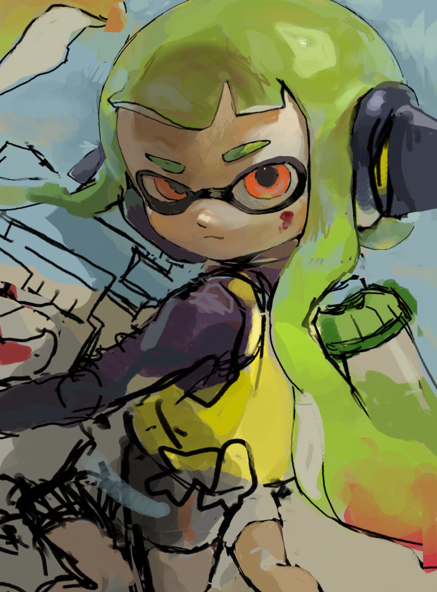 1girl, agent_3_(splatoon), black_headphones, green_hair, hero_charger_(splatoon), hero_shot_(splatoon), high-visibility_vest, highres