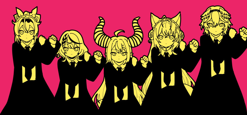 5girls, :|, animal_ears, beret, black_jacket, black_necktie, black_skirt, bling-bang-bang-born_(creepy_nuts)
