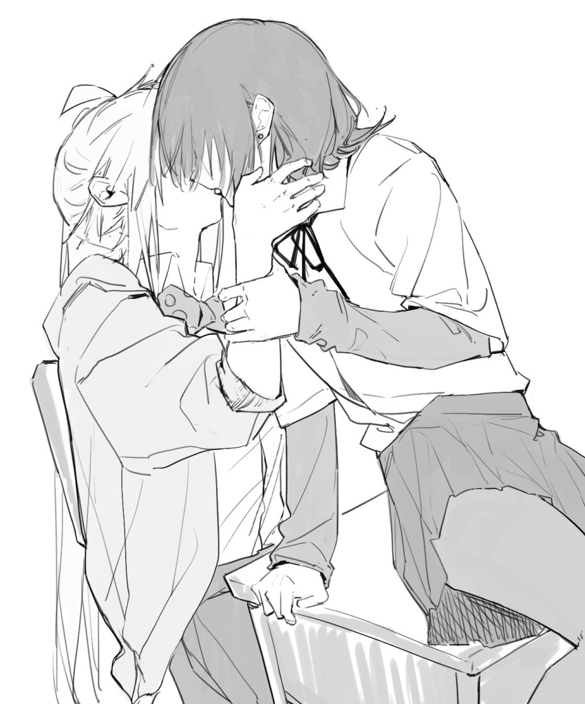 2girls, ahoge, bocchi_the_rock!, bow, bowtie, collared_shirt, commentary, desk, earrings, greyscale, hashtag-only_commentary, highres, holding_another's_wrist, ijichi_nijika, jacket, jewelry, kiss, layered_sleeves, long_hair, long_sleeves, medium_hair, monochrome, multiple_girls, neck_ribbon, on_desk, pantyhose, pleated_skirt, ribbon, school_desk, school_uniform, shimokitazawa_high_school_uniform, shinota12, shirt, short_over_long_sleeves, short_sleeves, sitting, skirt, stud_earrings, tongue, yamada_ryo, yuri
