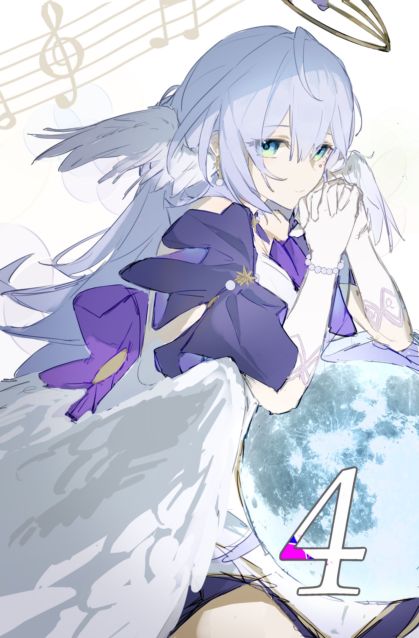 1girl, aqua_eyes, cacetse, closed_mouth, detached_sleeves, dress, earrings, gloves, hair_between_eyes, halo, head_wings, highres, honkai:_star_rail, honkai_(series), jewelry, long_hair, looking_at_viewer, musical_note, own_hands_clasped, own_hands_together, purple_dress, purple_hair, robin_(honkai:_star_rail), short_sleeves, simple_background, sitting, smile, solo, two-tone_dress, white_background, white_dress, white_gloves, white_wings, wings