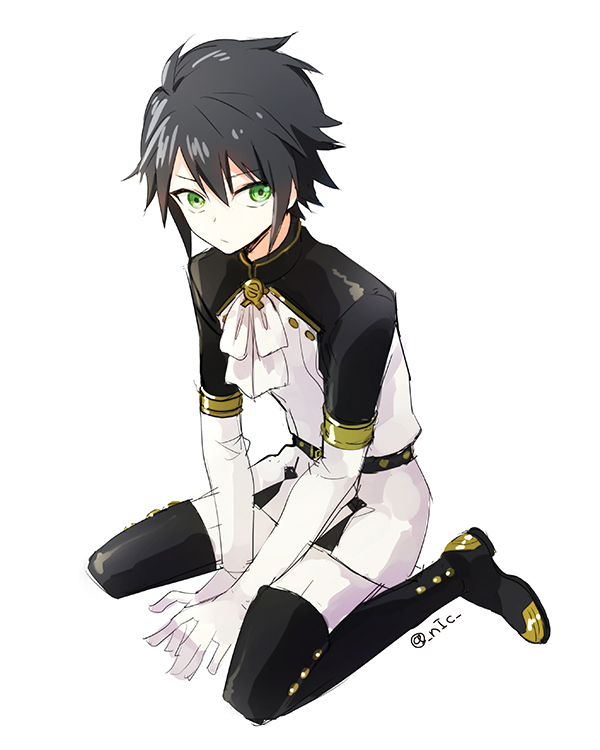 1boy, belt, belt_buckle, black_belt, black_footwear, black_hair, black_sleeves, bow