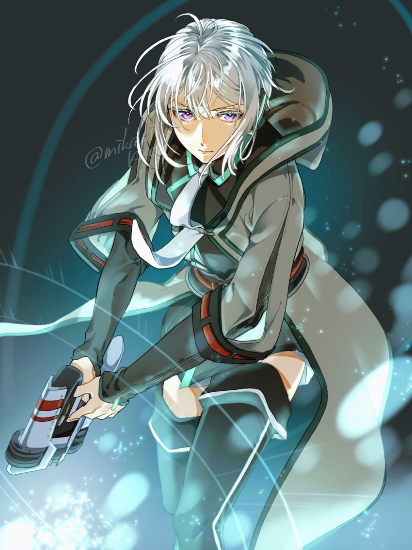 1boy, double-parted_bangs, eiyuu_densetsu, floating_hair, floating_neckwear, gun, hair_between_eyes, highres, holding, holding_gun, holding_weapon, hood, hood_down, hoodie, kuro_no_kiseki, mikamikiseki, necktie, quatre_salision, smile, solo, thigh-highs, twitter_username, violet_eyes, weapon, white_hair