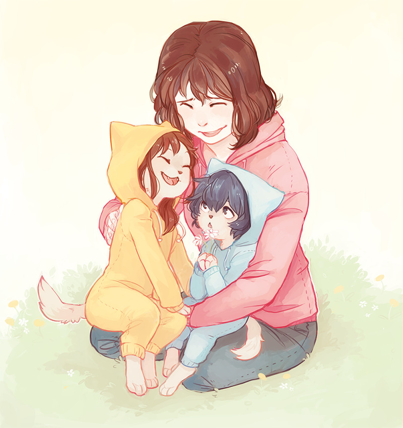 1boy, 2girls, ame_(ookami_kodomo), black_hair, brown_hair, child, family, fangs