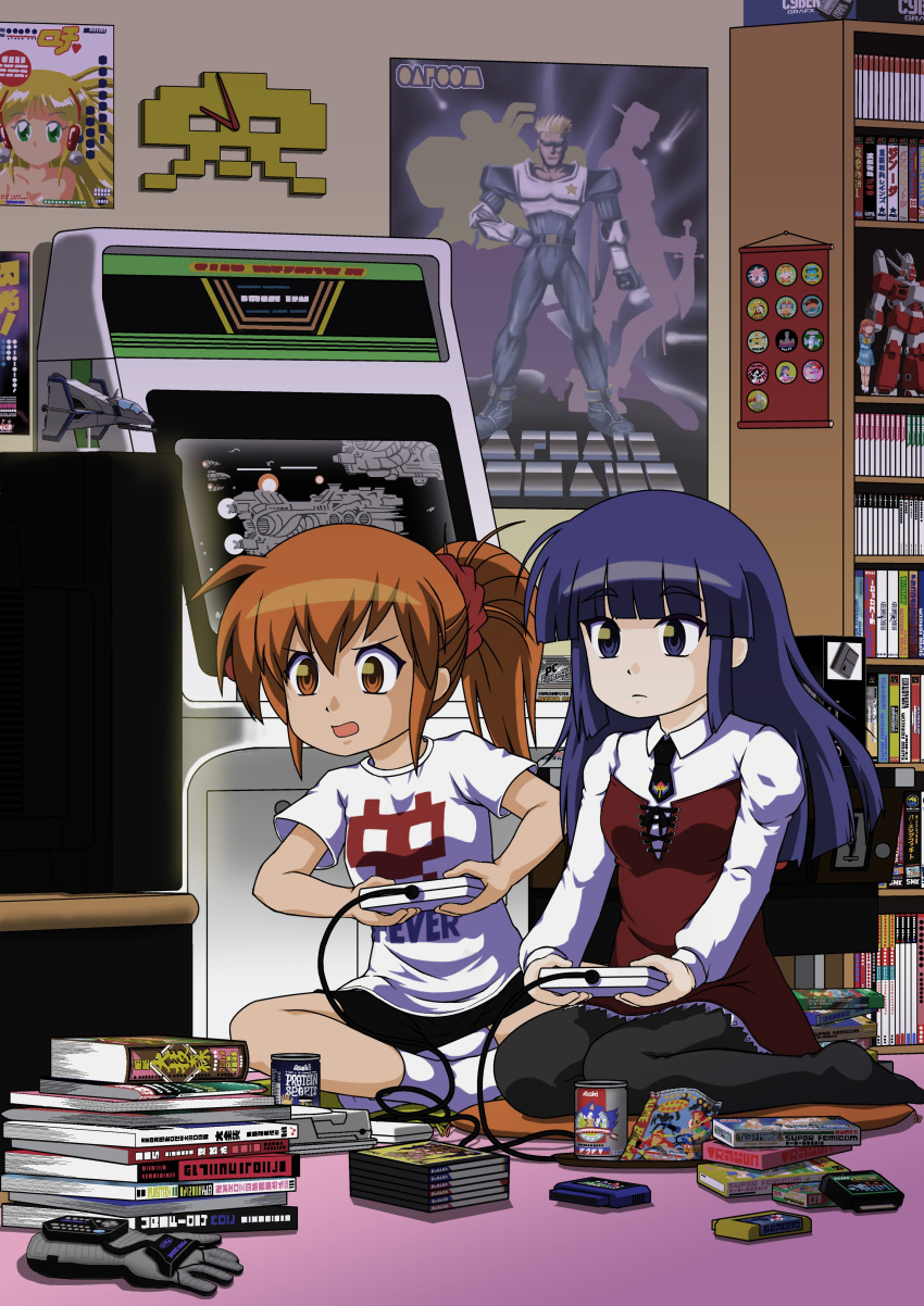 2girls, absurdres, action_figure, arcade_cabinet, black_necktie, black_pantyhose, black_shirt, blunt_bangs