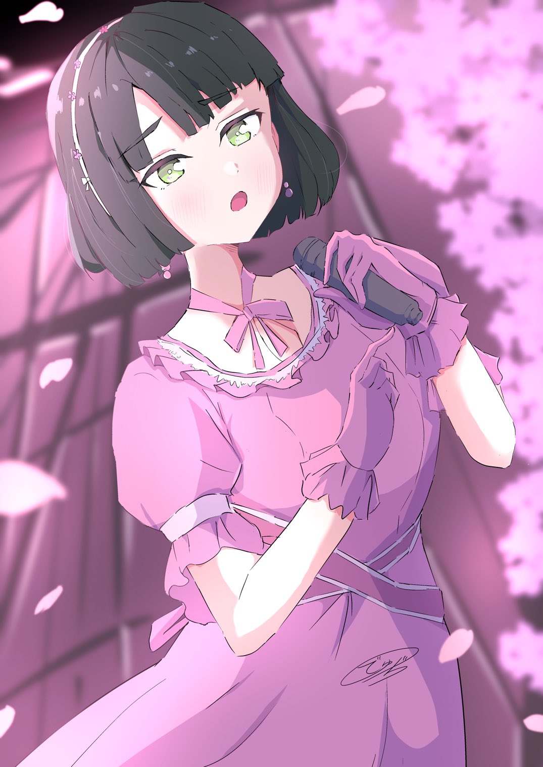 1girl, :o, black_hair, blunt_bangs, blunt_ends, blurry, blurry_background, blush