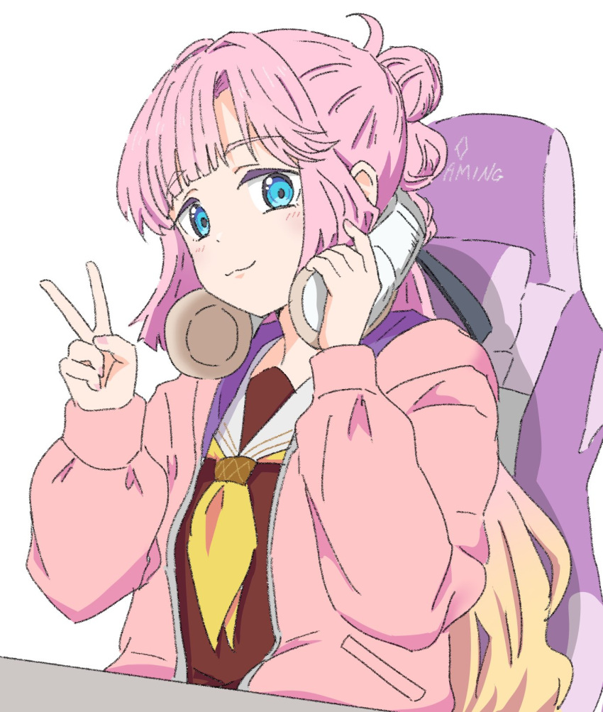 1girl, :3, anyoji_hime, black_ribbon, blonde_hair, blue_eyes, blunt_bangs, brown_dress