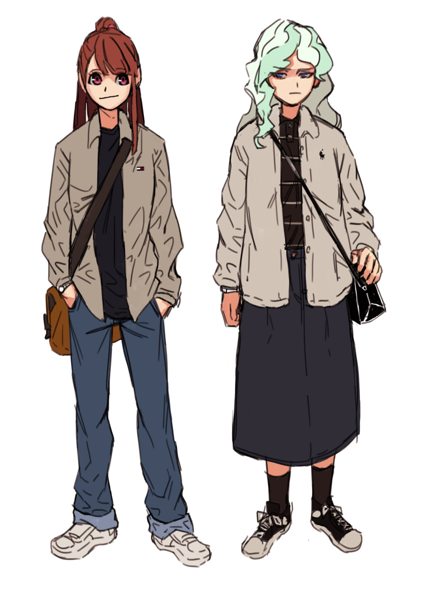 2girls, absurdres, aged_up, alternate_costume, aqua_hair, asymmetrical_bangs, asymmetrical_hair, bag, casual, denim, diana_cavendish, frown, h_(7503971), hands_in_pockets, high_ponytail, highres, jacket, jeans, kagari_atsuko, little_witch_academia, long_hair, multiple_girls, pants, shoes, shoulder_bag, skirt, sneakers, standing, watch, watch, white_background, witch