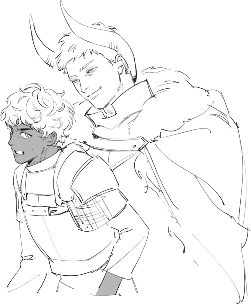 2boys, absurdres, armor, clenched_teeth, cloak, closed_mouth, commentary, dark-skinned_male