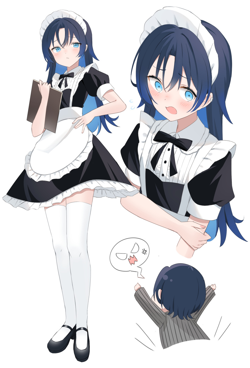 1girl, absurdres, alternate_costume, alternate_hair_length, alternate_hairstyle, apron, black_dress, blue_eyes