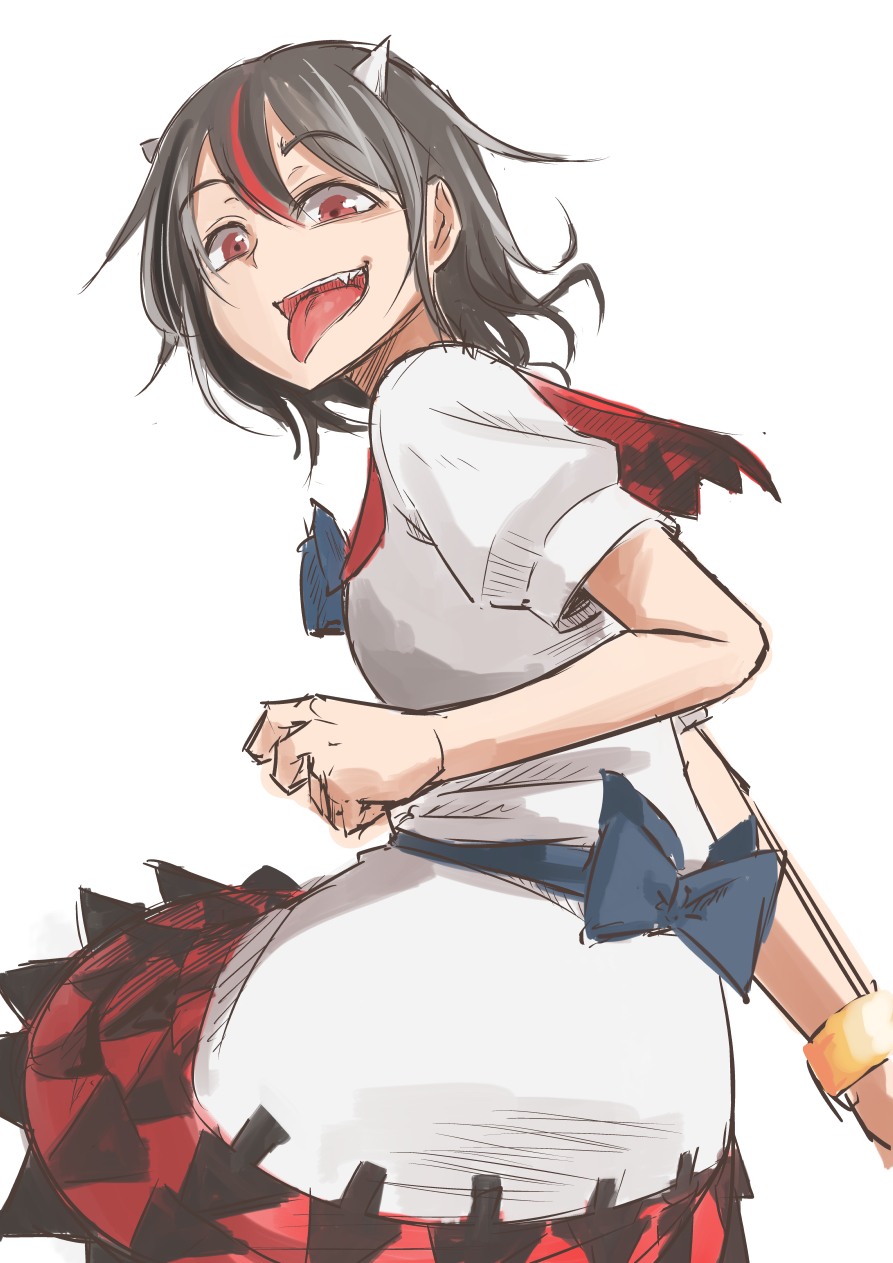 1girl, back_bow, baketsuya, black_dress, black_hair, blue_bow, blue_bowtie, bow, bowtie, bracelet, collared_dress, commentary_request, cone_horns, double-parted_bangs, dress, from_behind, highres, horns, jewelry, kijin_seija, long_tongue, looking_back, multicolored_clothes, multicolored_dress, multicolored_hair, open_mouth, puffy_short_sleeves, puffy_sleeves, red_dress, red_eyes, redhead, short_hair, short_sleeves, solo, streaked_hair, teeth, tongue, tongue_out, touhou, upper_teeth_only, white_background, white_dress, white_hair, white_horns