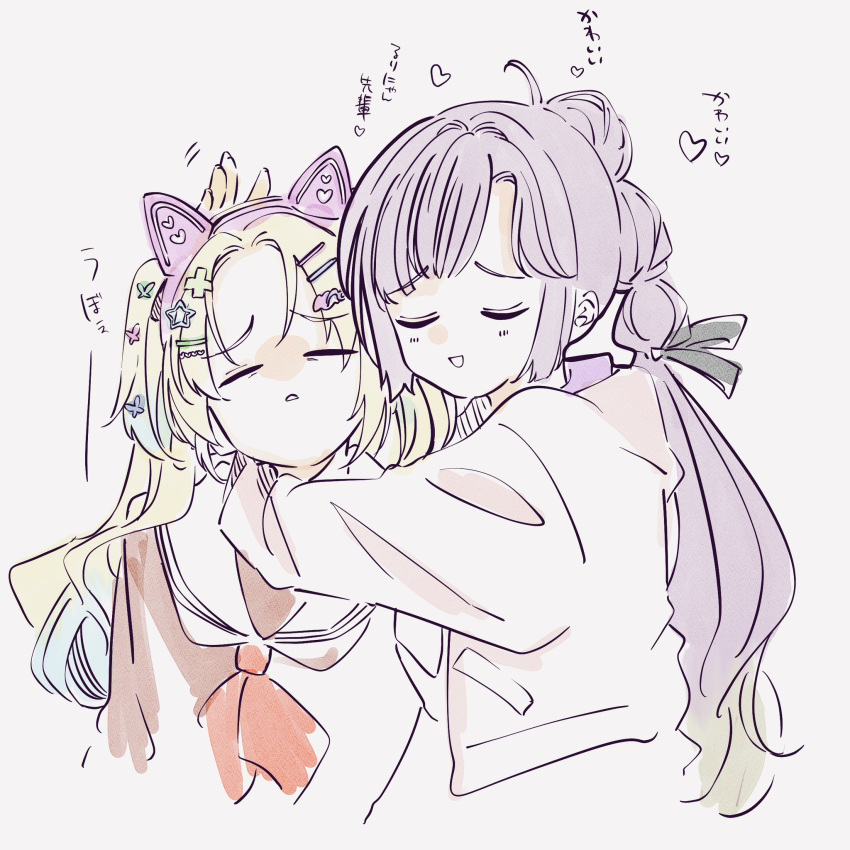 2girls, animal_ear_headphones, animal_ears, anyoji_hime, arms_around_neck, black_ribbon, blonde_hair, blue_hair