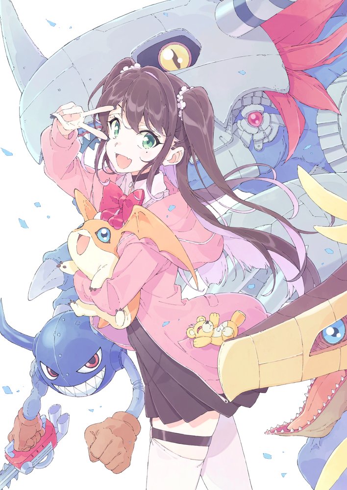 1girl, bird, black_sclera, black_skirt, blue_skin, brown_hair, colored_sclera, colored_skin, cyborg, digimon, digimon_world, dinosaur, giromon, green_eyes, head_wings, holding, hood, hooded_jacket, hoodie, horns, hououmon, jacket, kaga_nazuna, long_hair, lupinus_virtual_games, mechanical_parts, metalgreymon_(virus), mole, mole_under_eye, monzaemon, multicolored_hair, patamon, phoenix, pink_hair, pink_hoodie, pink_jacket, pleated_skirt, redhead, shirt, skirt, slit_pupils, t-okada, thigh-highs, twintails, two-tone_hair, v, vspo!, white_background, white_shirt, white_thighhighs, wings, yellow_eyes
