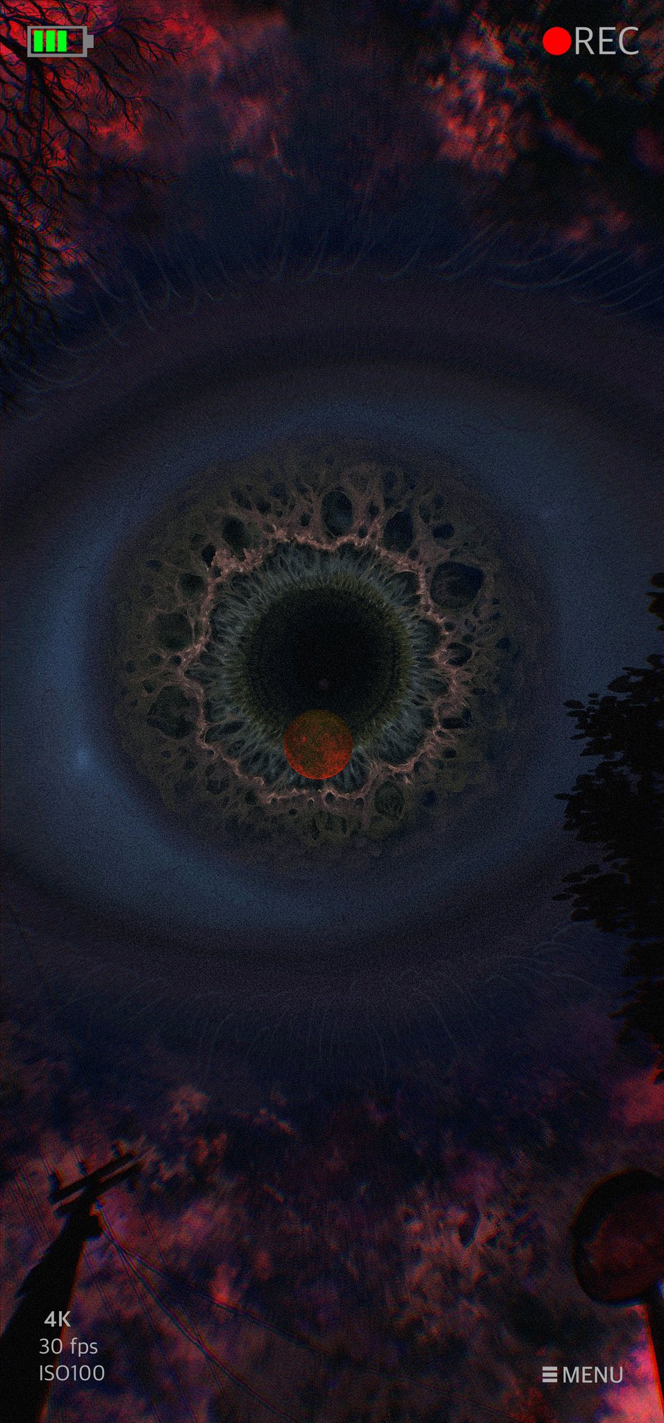 bare_tree, battery_indicator, branch, brown_eyes, chromatic_aberration, copyright_request, dark, disembodied_eye