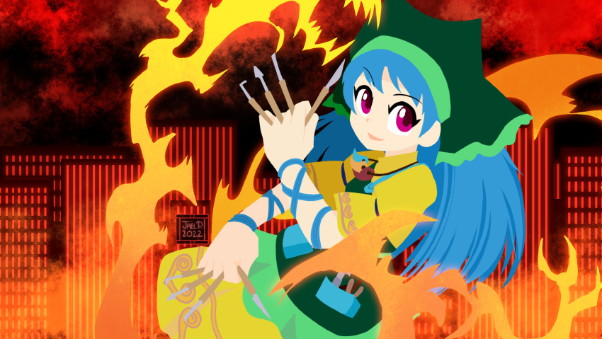 1girl, animal_realm_(touhou), apron, artist_name, black_background, blue_hair, chisel, cityscape