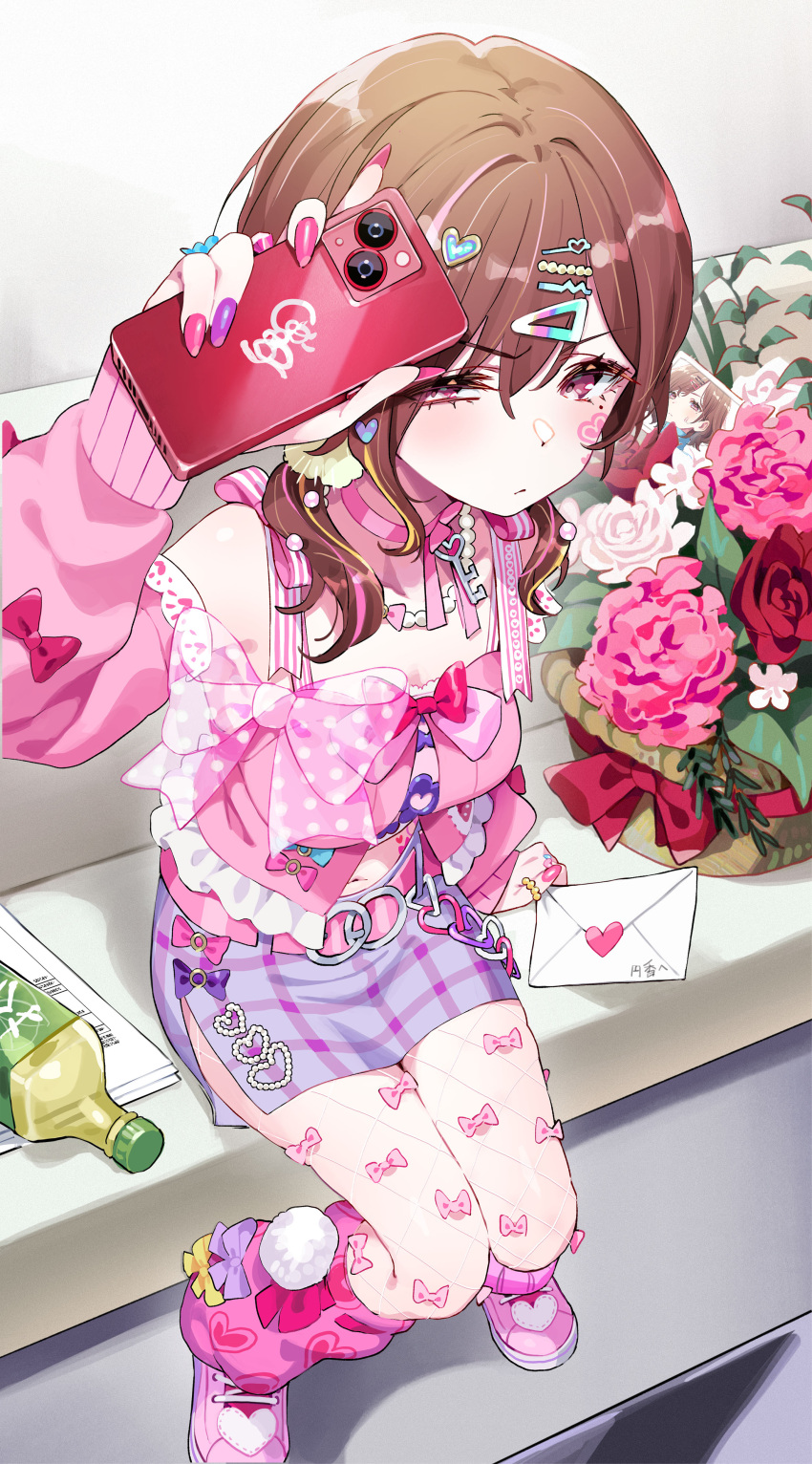 1girl, absurdres, bow, breasts, brown_hair, cellphone, fingernails, fishnet_pantyhose
