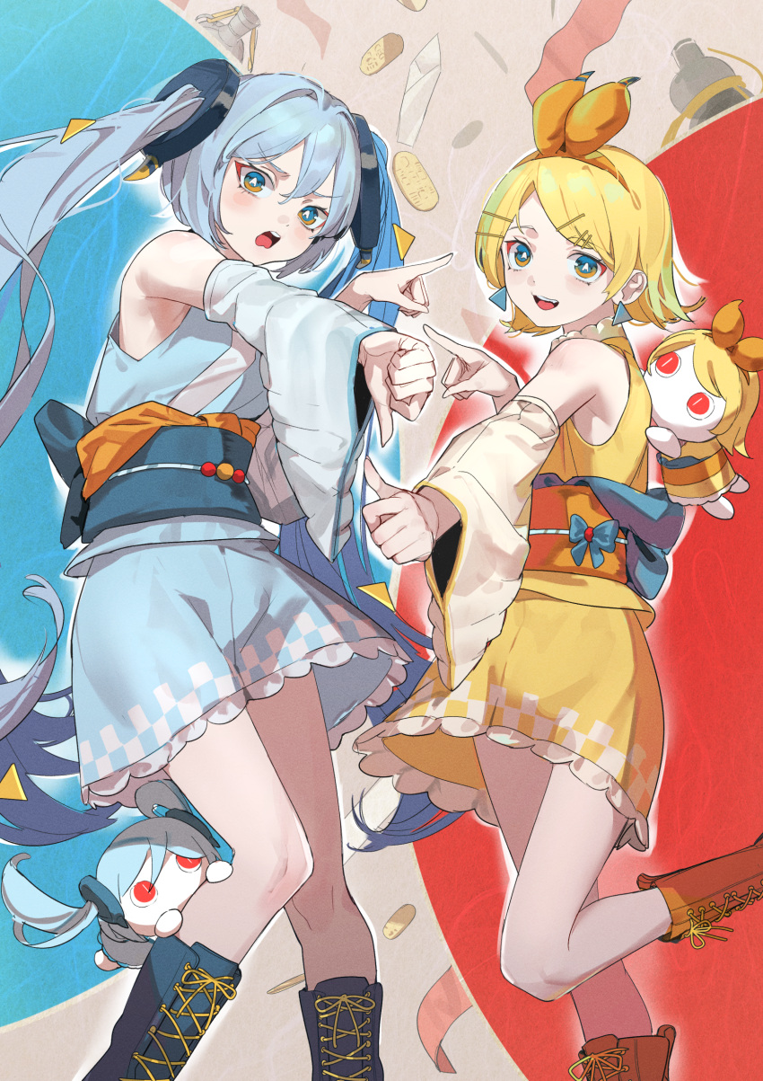 2girls, :d, a_ja_nai_ka_(vocaloid), absurdres, aimaina, annoyed, bare_shoulders, blonde_hair