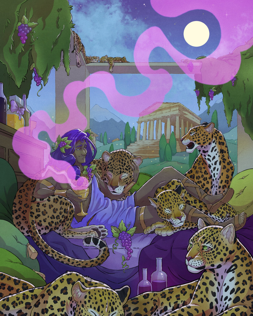 1boy, absurdres, ambrosia_(hades), ancient_greek_clothes, bottle, chalice, cup, dark-skinned_male