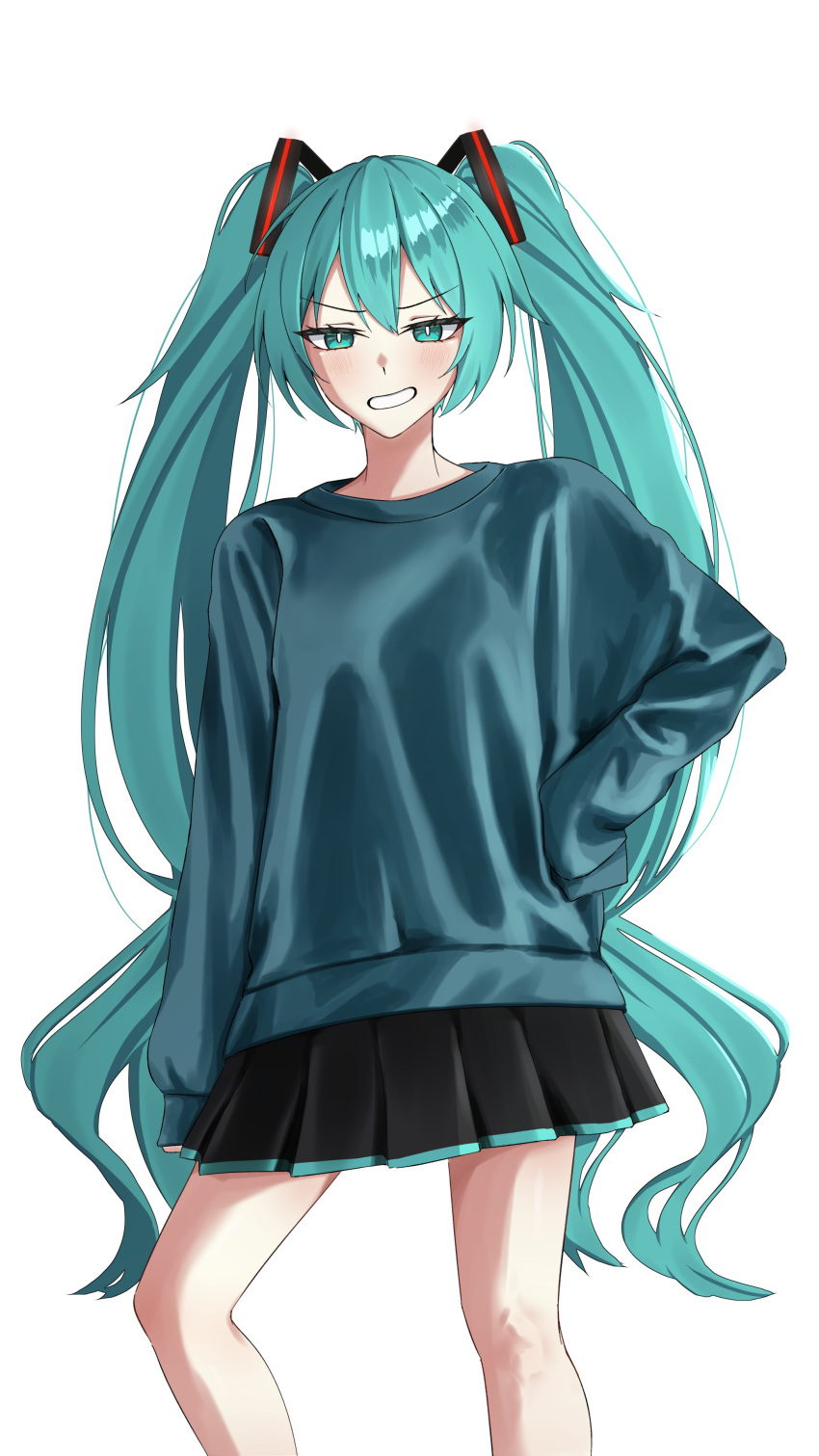 1girl, absurdres, aikuroalter, aqua_eyes, aqua_hair, black_skirt, blue_eyes, blue_sweater