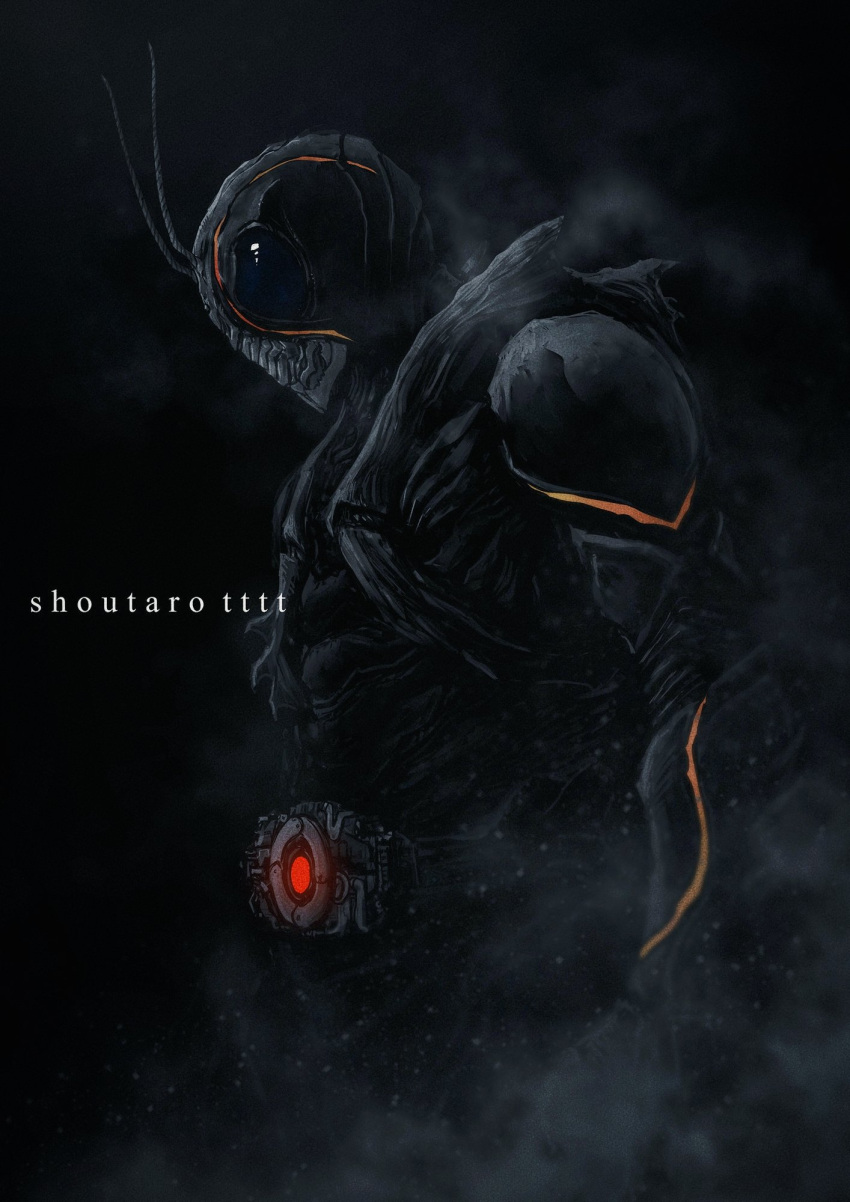 1boy, antennae, armor, artist_name, belt, black_armor, black_background, black_eyes, bug, century_king_sun_driver, glowing, highres, kamen_rider, kamen_rider_black_sun, kamen_rider_black_sun_(character), male_focus, organic, rider_belt, shoutarou_(shoutarotttt), smoke, solo, spiked_armor, standing, upper_body