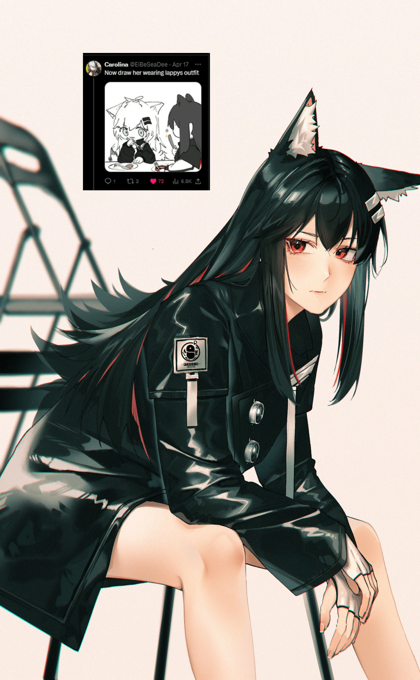 1girl, absurdres, animal_ear_fluff, animal_ears, arknights, black_coat, black_hair, chair