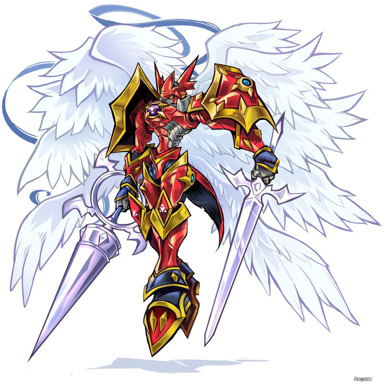 1boy, armor, artist_logo, chest_jewel, digimon, digimon_(creature), dual_wielding, dukemon