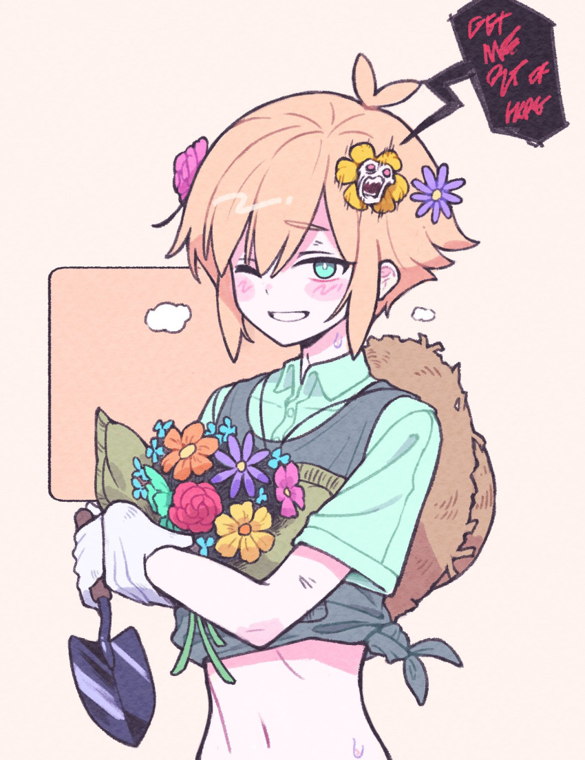 1boy, basil_(faraway)_(omori), basil_(omori), blonde_hair, blue_eyes, blush, crop_top, english_text, flower, flowey_(undertale), hair_flower, hair_ornament, highres, holding, holding_flower, holding_shovel, looking_at_viewer, mechafrshrimp, omori, parted_lips, short_hair, shovel, smile, speech_bubble, sweat, teeth, undertale, upper_body