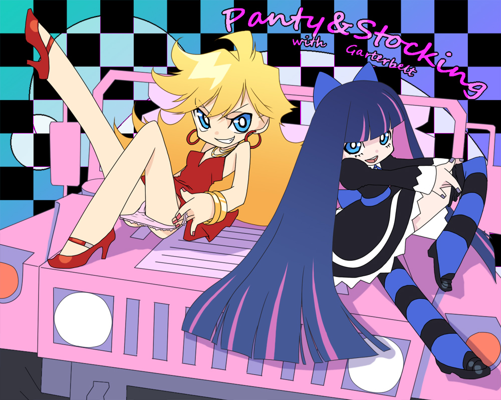 blonde_hair, blue_eyes, blue_hair, bow, car, dress, earrings, hair_bow