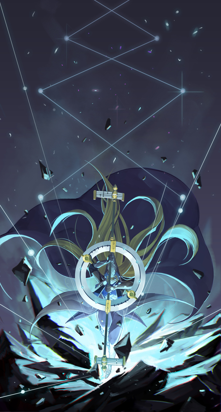 1boy, blonde_hair, blue_eyes, cape, coat, constellation, covered_mouth, debris