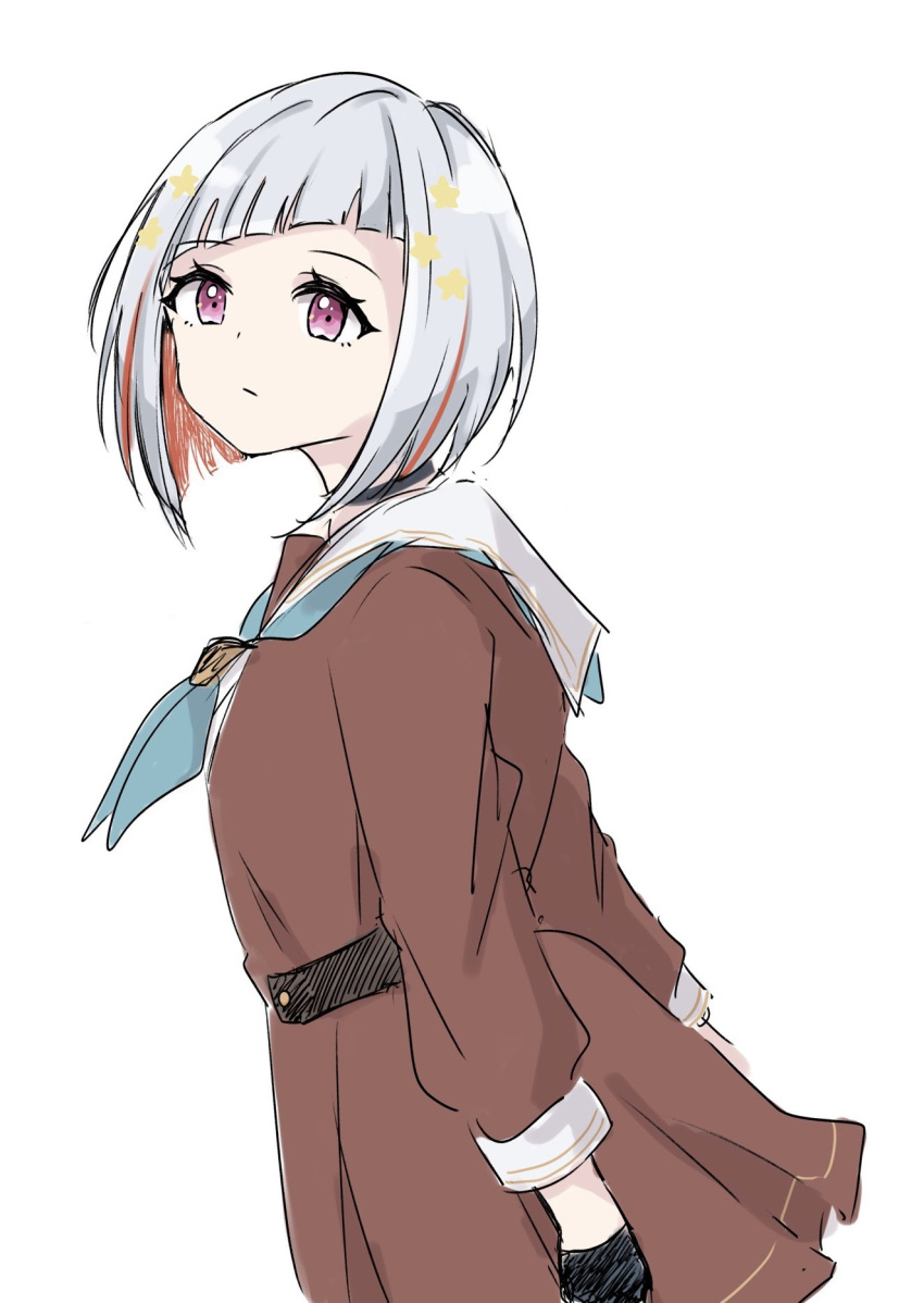 1girl, :/, black_choker, black_gloves, blue_neckerchief, bob_cut, brown_dress, choker