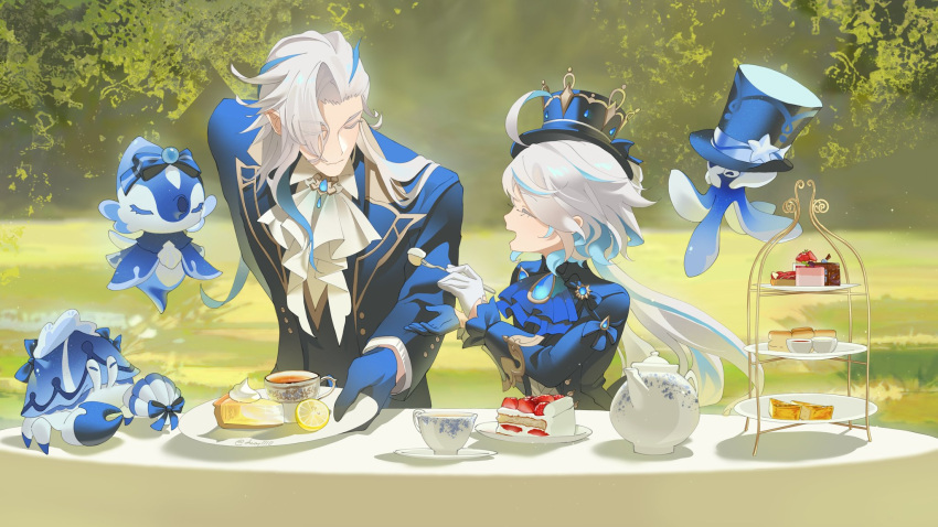 1boy, 1girl, 3others, ahoge, artist_name, ascot, asymmetrical_gloves, back_bow