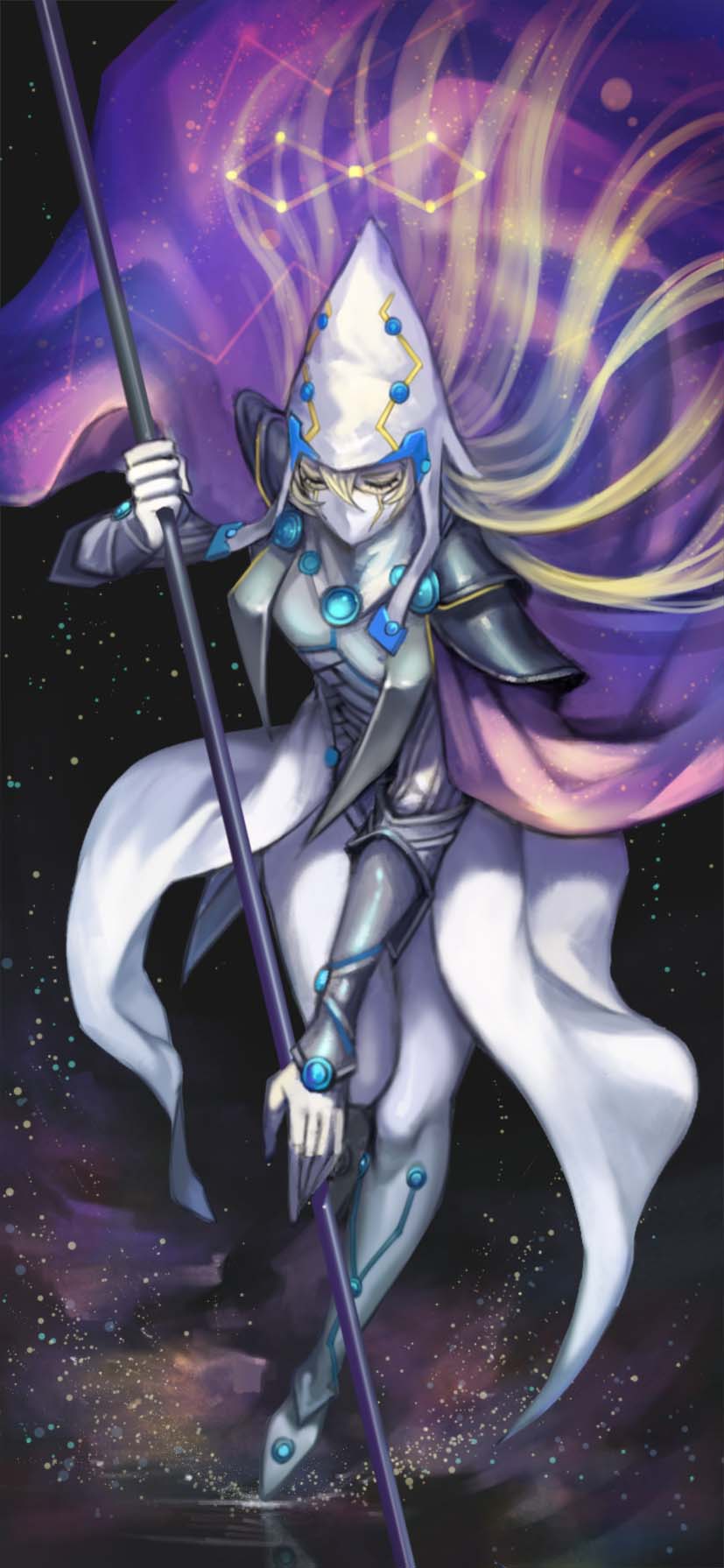 1boy, armor, blonde_hair, blue_gemstone, bodysuit, cape, closed_eyes, constellation