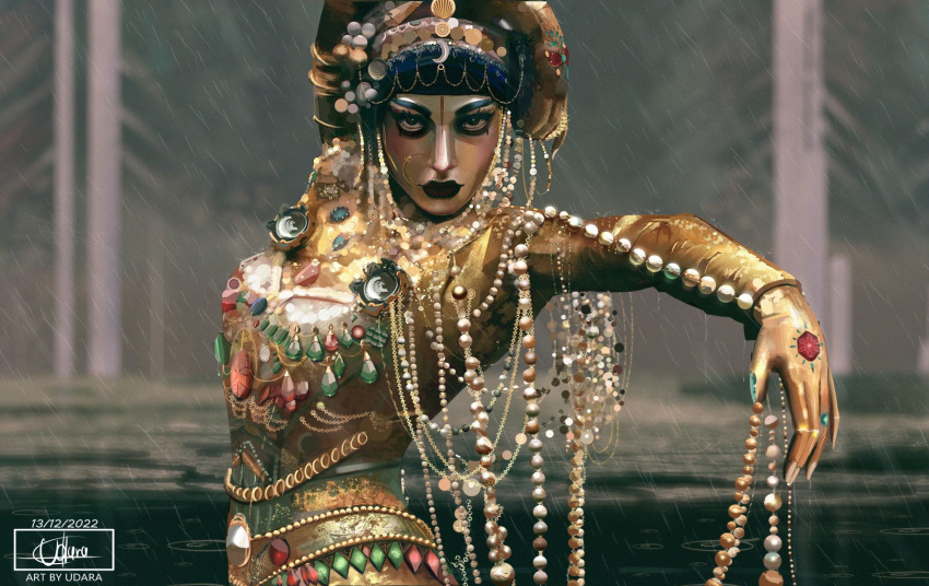1girl, black_hair, black_lips, gold_skin, highres, jewelry, jibaro_(love_death_+_robots), looking_at_viewer, nose_piercing, nose_ring, piercing, short_hair, siren_(jibaro), solo, udarasankalpa5, water