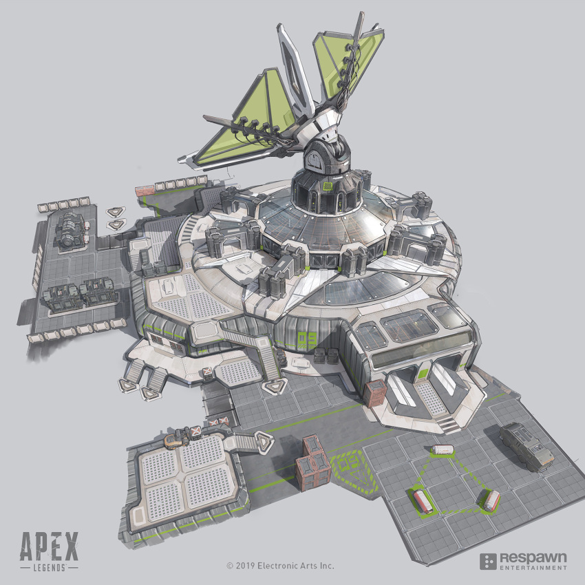 apex_legends, building, concept_art, copyright_name, electronic_arts, english_commentary, forklift, grey_background