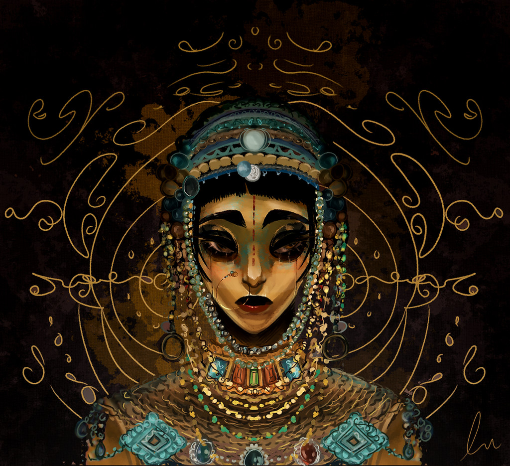 1girl, black_hair, black_lips, dragonfern, gold_skin, jibaro_(love_death_+_robots), nose_piercing, nose_ring, piercing, short_hair, siren_(jibaro), solo