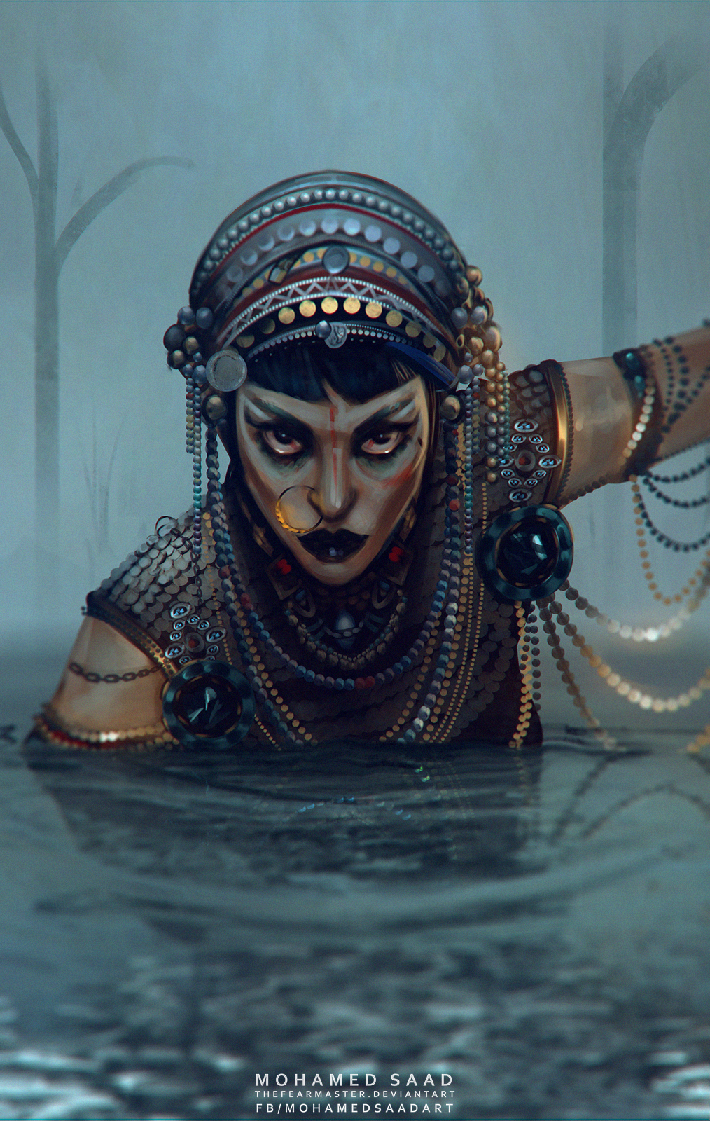 1girl, black_hair, black_lips, gold_skin, highres, jibaro_(love_death_+_robots), looking_at_viewer, nose_piercing