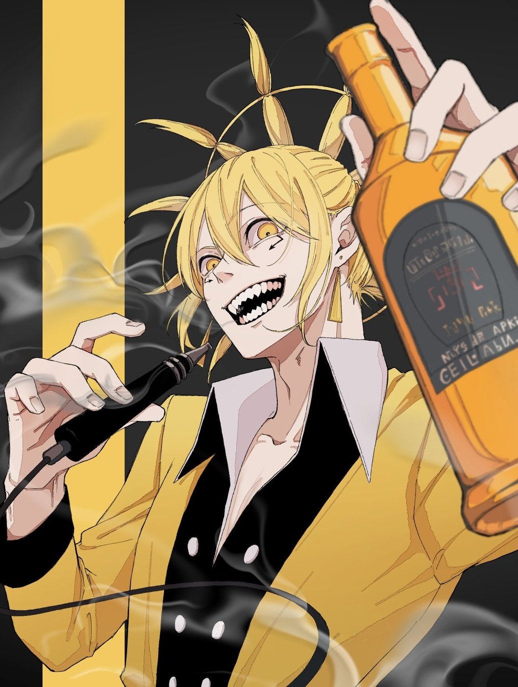 1boy, alcohol, asymmetrical_hair, beer, blonde_hair, collarbone, delisaster, earrings, electronic_cigarette, facial_mark, grin, highres, jacket, jewelry, long_sleeves, mashle, popped_collar, smile, smoke, solo, teeth, upper_body, yellow_eyes, yellow_jacket, yu_0201e